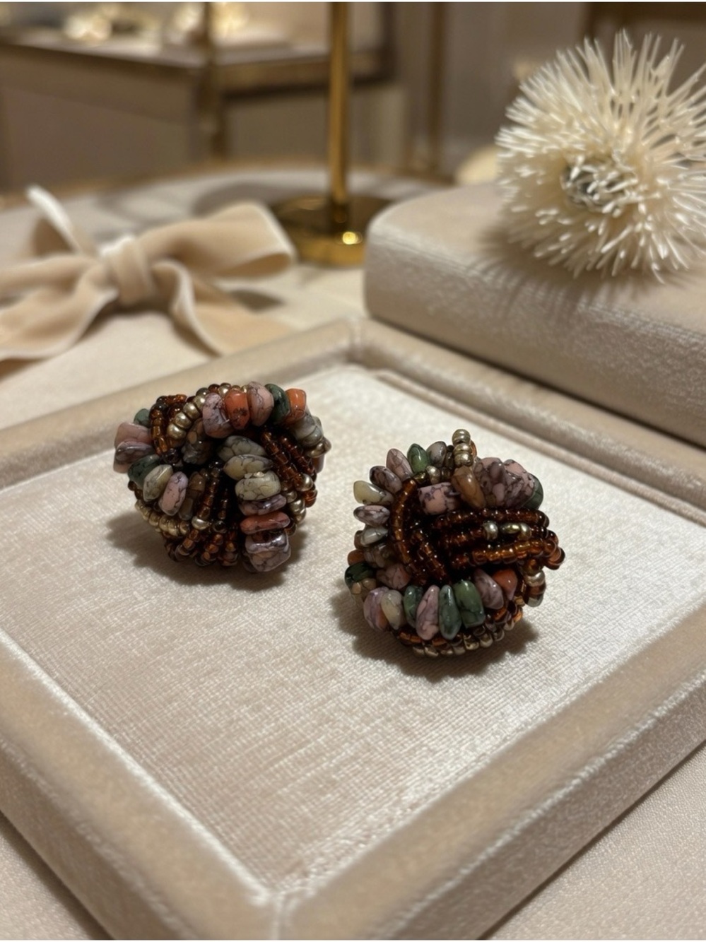 Vintage Beaded Cluster Clip On Earrings Stone Chip Stone Seed Beed Boho Retro 80